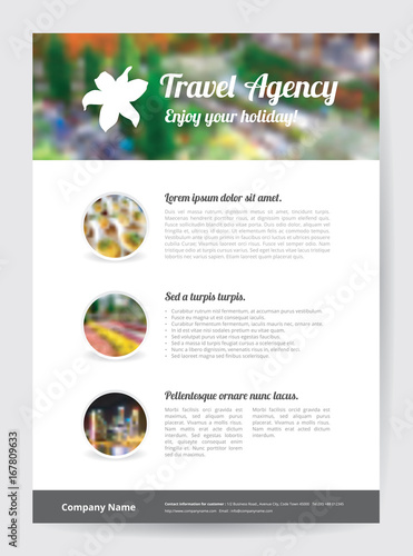 Flyer template (A4 size) with travel agency logo on blur background