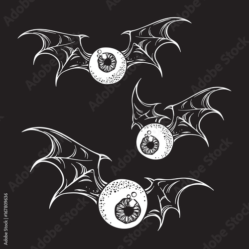 Flying eyeballs with creepy demon wings hand drawn black and white halloween theme print design isolated vector illustration