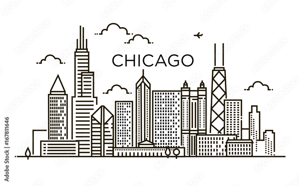 Obraz premium Liniowy sztandar miasta Chicago. Grafika liniowa.