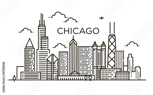 Linear banner of Chicago city. Line art. photo