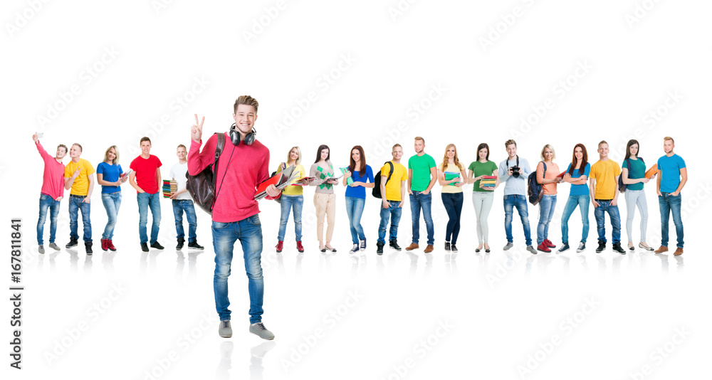 Large group of teenage students isolated on white background. Many different people standing together. School, education, college, university concept. Large group of teenage students isolated on white background. Many different people standing together. School, education, college, university concept.