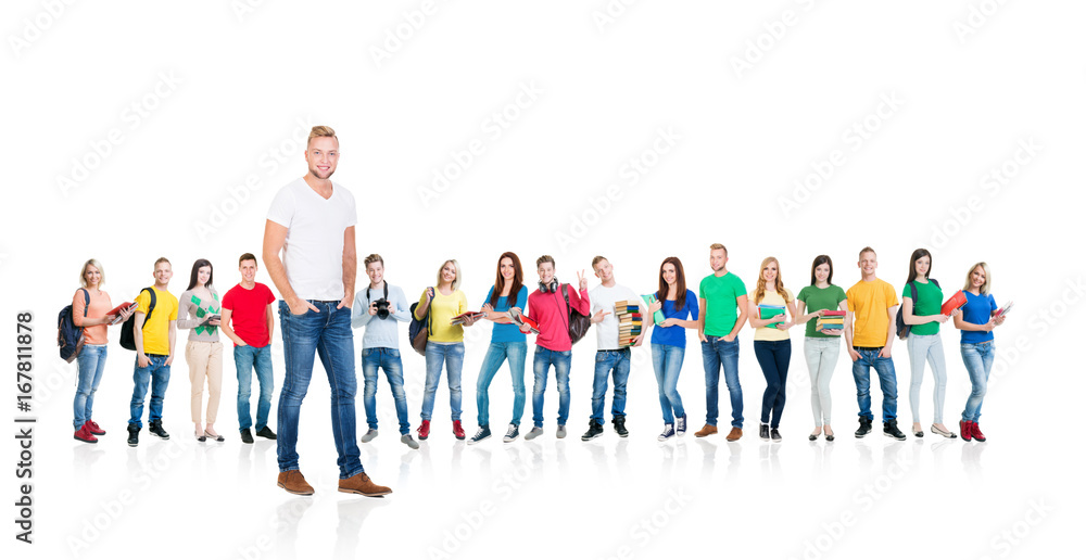 Large group of teenage students isolated on white background. Many different people standing together. School, education, college, university concept.