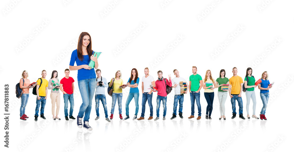 Obraz premium Large group of teenage students isolated on white background. Many different people standing together. School, education, college, university concept.
