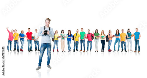 Large group of teenage students isolated on white background. Many different people standing together. School, education, college, university concept.