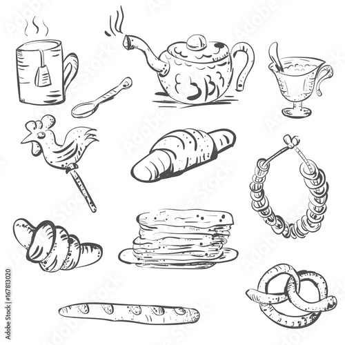 Sketch of tea set and pastries and sweets