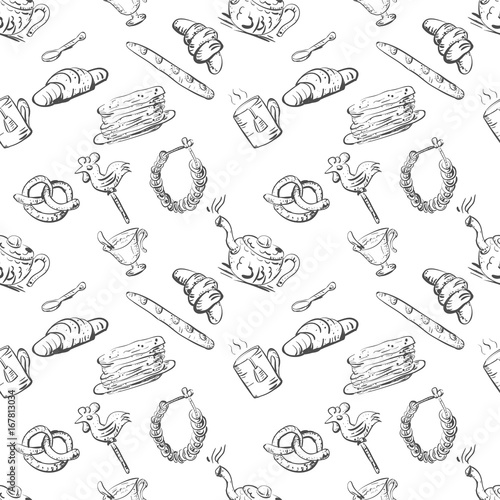 Seamless sketch of tea set and pastries and sweets