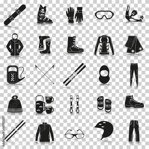 Equipment for winter sports. Silhouette icons with reflection on transparent background. Vector illustration.