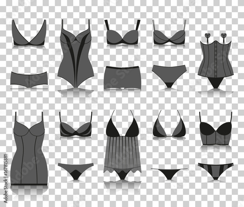 Lingerie set. Silhouette icons with reflection on transparent background. Vector illustration.