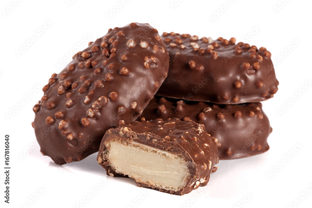 chocolate candy with white cream filling isolated on white background chocolate candy with white cream filling isolated on white background