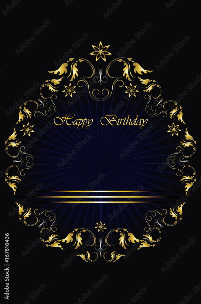 Greeting card with gold frame of leaves with stars and stripes ribbon on radiant black background Greeting card with gold frame of leaves with stars and stripes ribbon on radiant black background
