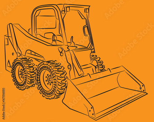 Skid steer compact heavy construction line art vector illustration on orange background.