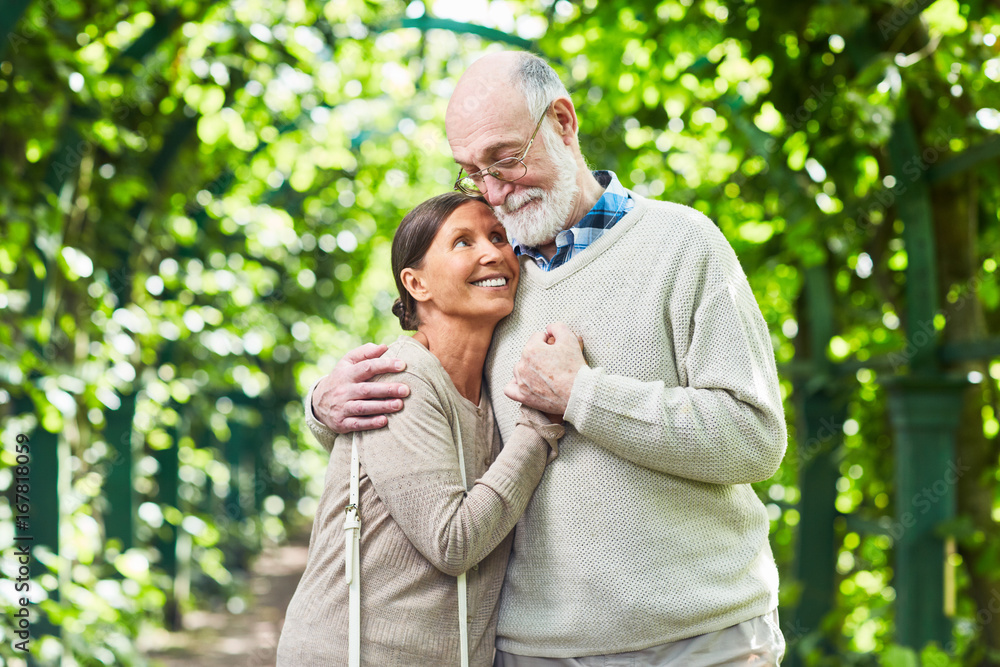 Couple of seniors embracing in tree alley during walk Couple of seniors embracing in tree alley during walk