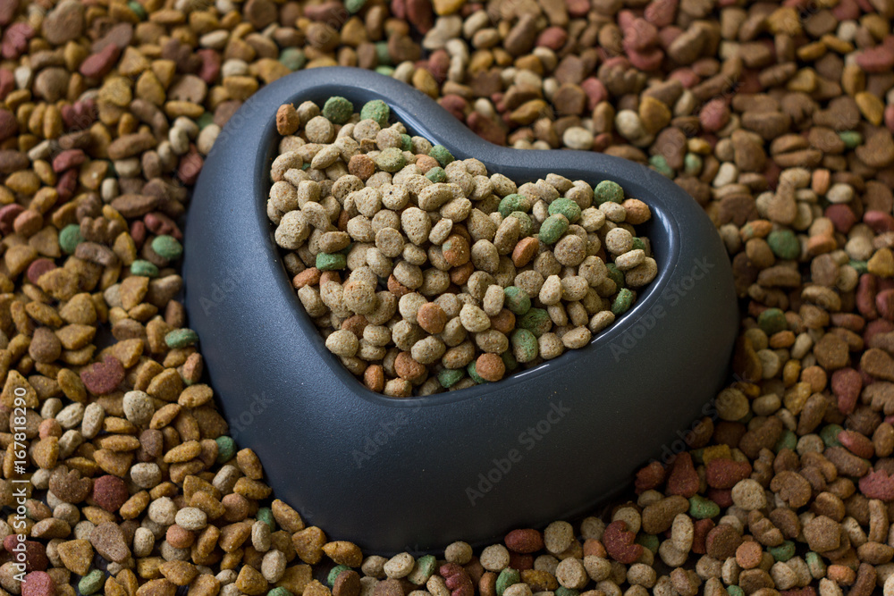 Obraz premium Heart pet bowl filled by dry pet food.