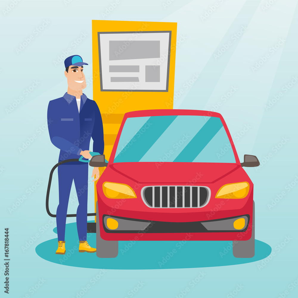 Caucasian gas station worker filling up fuel into the car. Smiling worker in workwear at the gas station. Young gas station worker refueling a car. Vector flat design illustration. Square layout. Caucasian gas station worker filling up fuel into the car. Smiling worker in workwear at the gas station. Young gas station worker refueling a car. Vector flat design illustration. Square layout.