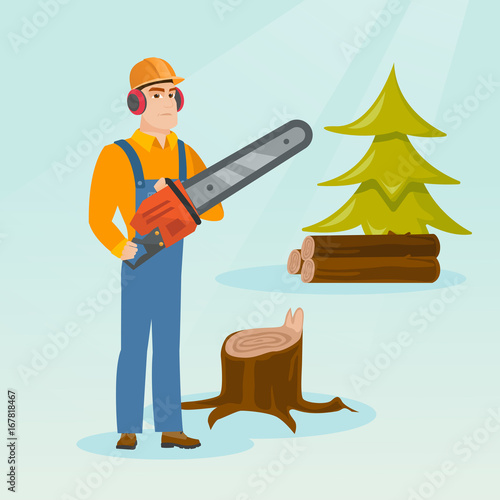 Caucasian lumberjack holding chainsaw. Lumberjack in workwear, hard hat and headphones in forest near stump. Young lumberjack chopping wood in forest. Vector flat design illustration. Square layout.