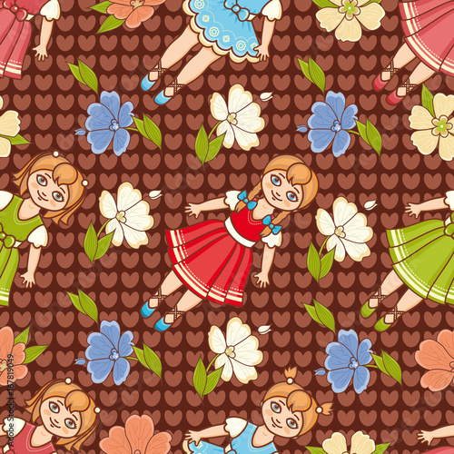 Little Ballerina and Flower. Cartoon style. Seamless pattern. Baby Doll. 
