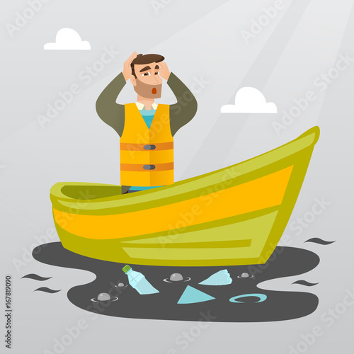 Sanitation worker floating in a boat and catching garbage out of water. Man clutching head while looking at polluted water. Water pollution concept. Vector flat design illustration. Square layout.