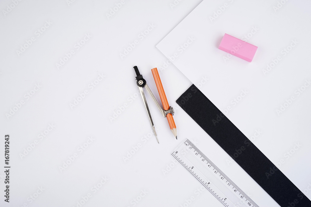 Back to School concept. Studying elements on a white background in a top view or flat lay