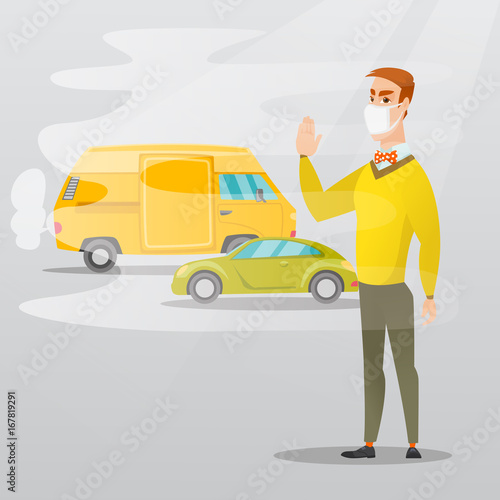 Man standing on the background of car with traffic fumes. Man wearing mask to reduce the effect of traffic pollution. Concept of toxic air pollution. Vector flat design illustration. Square layout.