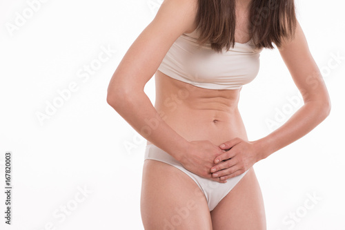 Fotografi woman suffering from stomach pain, menstruation cramp