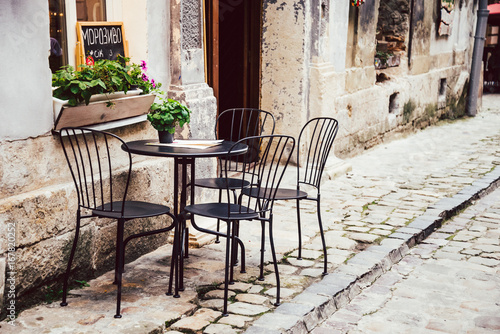Empty chairs in outdoor cafe or restaurant