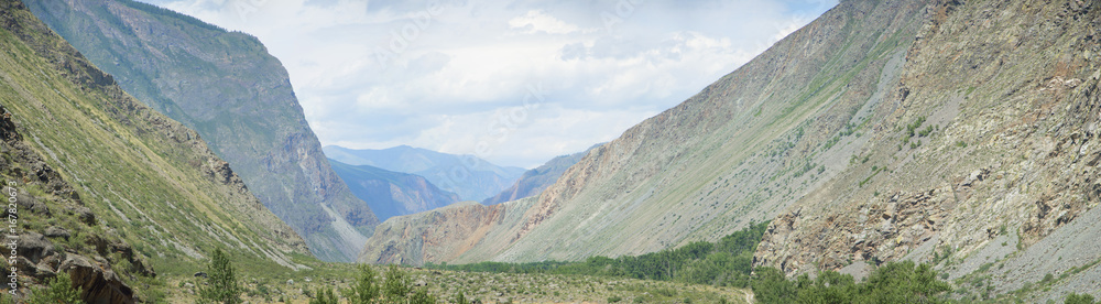 Valley of the river Chulyshman. Panorama of the big size. Altai Mountains, Siberia, Russia