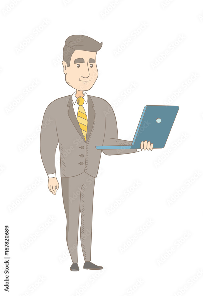 Caucasian businessman using a laptop. Young smiling businessman working on a laptop. Cheerful businessman holding a laptop. Vector sketch cartoon illustration isolated on white background. Caucasian businessman using a laptop. Young smiling businessman working on a laptop. Cheerful businessman holding a laptop. Vector sketch cartoon illustration isolated on white background.