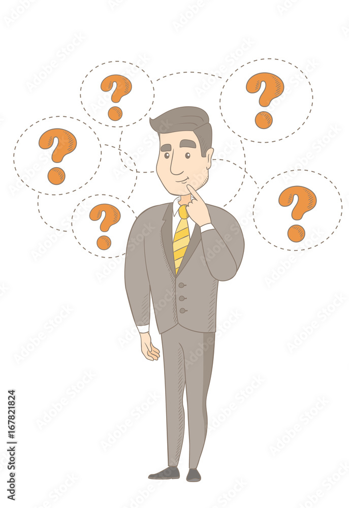 Caucasian businessman thinking. Thinking businessman standing under question marks. Thinking businessman surrounded by question marks. Vector sketch cartoon illustration isolated on white background.