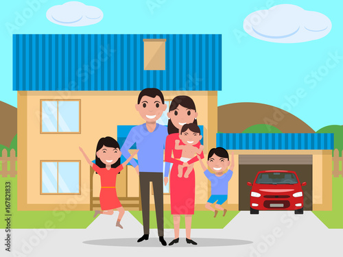 Vector cartoon happy family bought a new house
