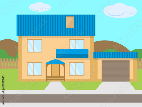 Vector cartoon two-story house garage green lawn
