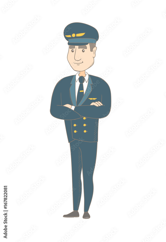 Caucasian confident smiling airplane pilot in uniform standing with folded arms. Full length of young confident pilot with folded arms. Vector sketch cartoon illustration isolated on white background.