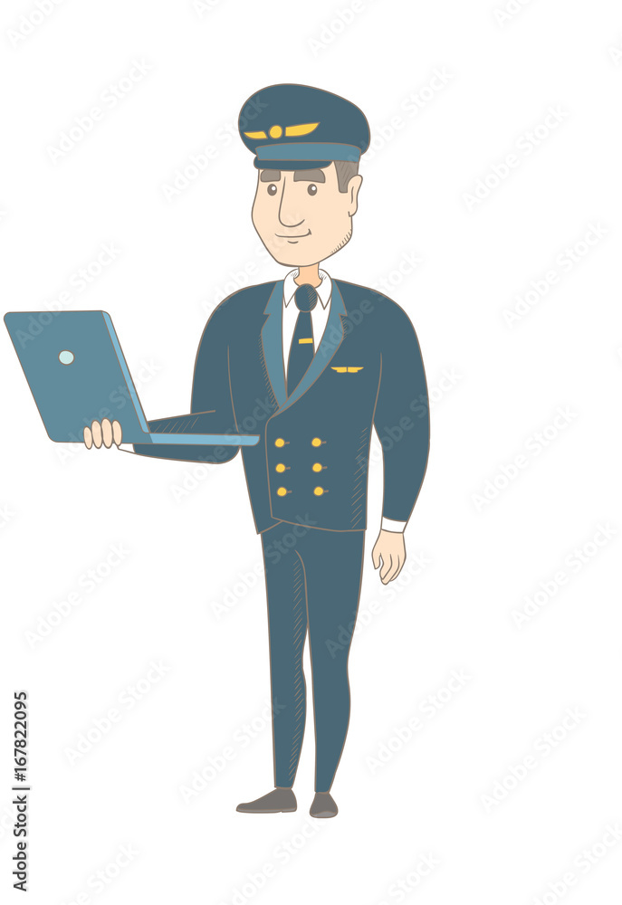 Young caucasian airplane pilot in uniform using a laptop. Airplane pilot working on a laptop. Cheerful pilot holding a laptop. Vector sketch cartoon illustration isolated on white background. Young caucasian airplane pilot in uniform using a laptop. Airplane pilot working on a laptop. Cheerful pilot holding a laptop. Vector sketch cartoon illustration isolated on white background.
