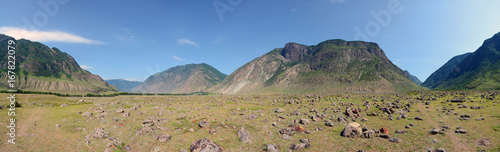 Cone of alluvial deposits of the Chulcha River in the valley of the Chulyshman River, Altai Mountains, Siberia, Russia