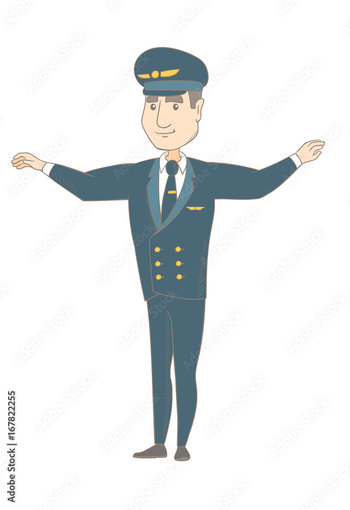 Young caucasian airplane pilot with arms outstretched. Full length of happy pilot in uniform gesturing his outstretched arms as a plane. Vector sketch cartoon illustration isolated on white background