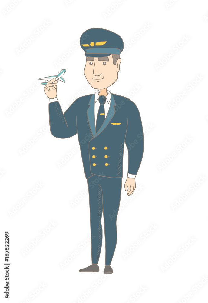 Young caucasian airplane pilot holding the model of airplane in hand. Full length of pilot in uniform with the model of airplane. Vector sketch cartoon illustration isolated on white background. Young caucasian airplane pilot holding the model of airplane in hand. Full length of pilot in uniform with the model of airplane. Vector sketch cartoon illustration isolated on white background.