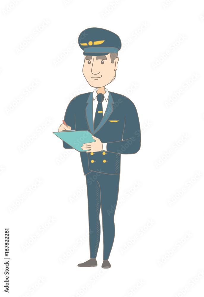 Young caucasian steward writing notes in list of passengers. Steward checking list of passengers. Steward holding list of passengers. Vector sketch cartoon illustration isolated on white background.