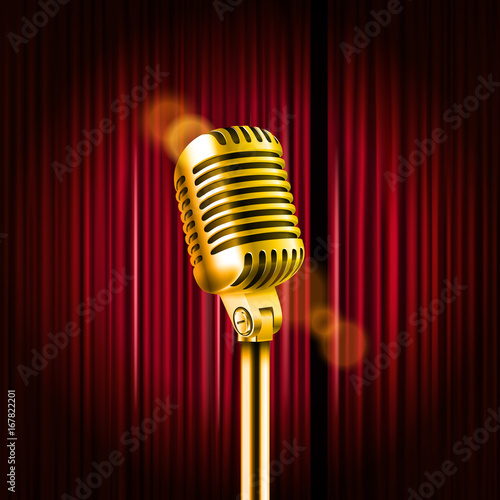 Stage curtains with shining microphone vector illustration. Standup comedy show concept