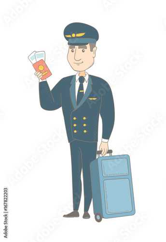 Young caucasian steward in uniform showing passport and airplane ticket