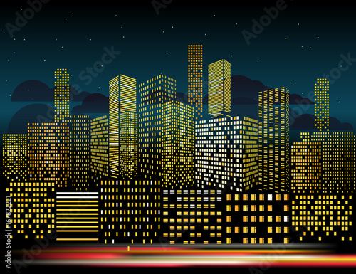 Modern cityscape in the evening vector illustration. City buildings perspective