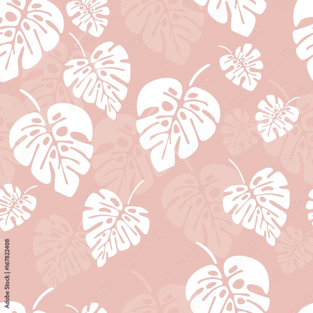 Summer seamless pattern with white monstera palm leaves on pink background