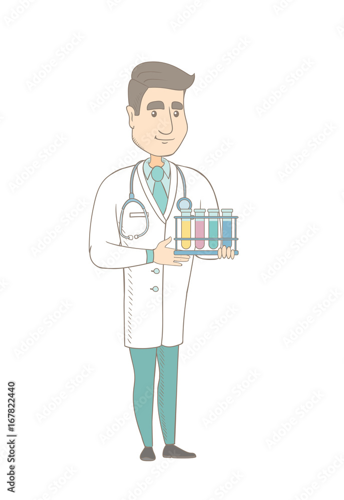 Caucasian laboratory assistant working with test tube. Laboratory assistant analyzing blood in test tube. Scientist holding a test tube. Vector sketch cartoon illustration isolated on white background