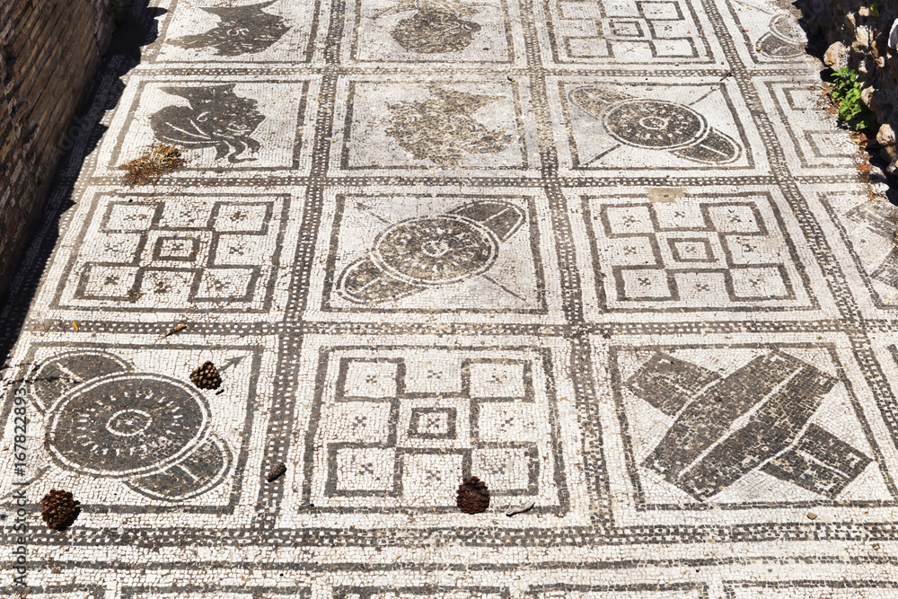 Roman excavations of Ostia Antica: Detail of Mosaic of the Province