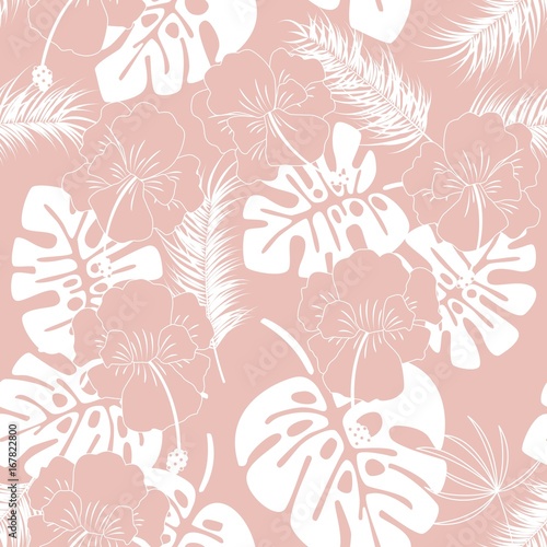 Seamless tropical pattern with white monstera leaves and flowers on pink background