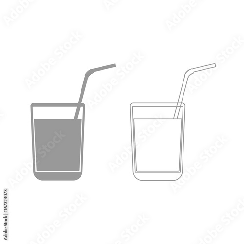 Juice glass with drinking straw grey set icon .