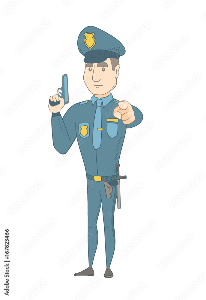 Caucasian policeman holding handgun ready for use and pointing finger at you. Young serious policeman posing with handgun. Vector sketch cartoon illustration isolated on white background.