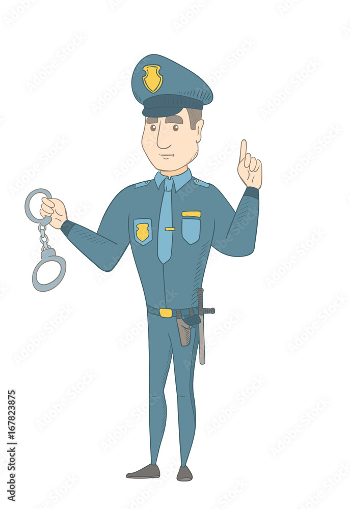 Caucasian policeman holding handcuffs and pointing his finger up. Full length of young policeman with finger pointing up. Vector sketch cartoon illustration isolated on white background.