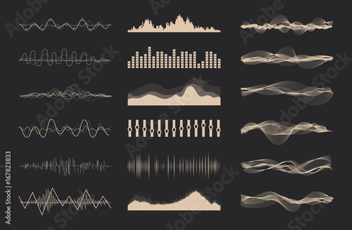 Vector music sound waves set. Audio digital equalizer technology, console panel, pulse musical.