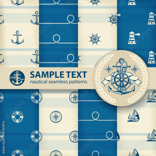 Nautical background set, seamless white blue pattern and anchor