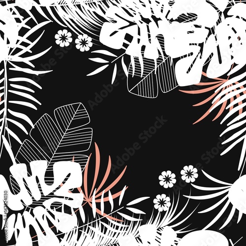 Summer seamless tropical pattern with monstera palm leaves and plants on dark background