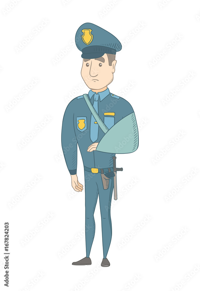 Injured caucasian policeman wearing an arm brace. Young policeman with broken arm in sling. Full length of policeman with injured arm. Vector sketch cartoon illustration isolated on white background.
